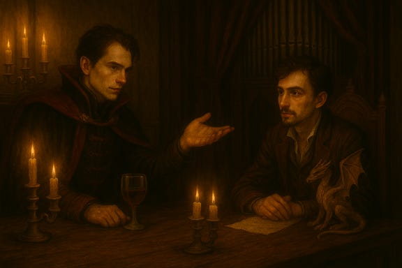 Create a cinematic Barovian gothic scene of Count Strahd von Zarovich addressing Felonious in the dining hall of Castle Ravenloft. Use their refined visual palettes. Strahd resembles the expressive intensity and angular elegance of Bill Skarsgård without directly referencing the actor: tall and lean, with hollowed cheekbones, deep-set luminous eyes, swept-back dark hair with a widow’s peak, and a high-collared crimson coat with silver embroidery. His posture is predatory yet composed, one hand turning a crystal goblet, the other gesturing as he speaks. Felonious is delicate and expressive with tousled dark hair, luminous eyes, and elegant plum and silver attire, with a silver pseudodragon spirit perched nearby. He sits composed and observant, hands folded near a parchment. The long banquet table is lit by candlelight, casting long shadows. The organ pipes loom behind Strahd. The atmosphere is tense, gothic, and cinematic.
