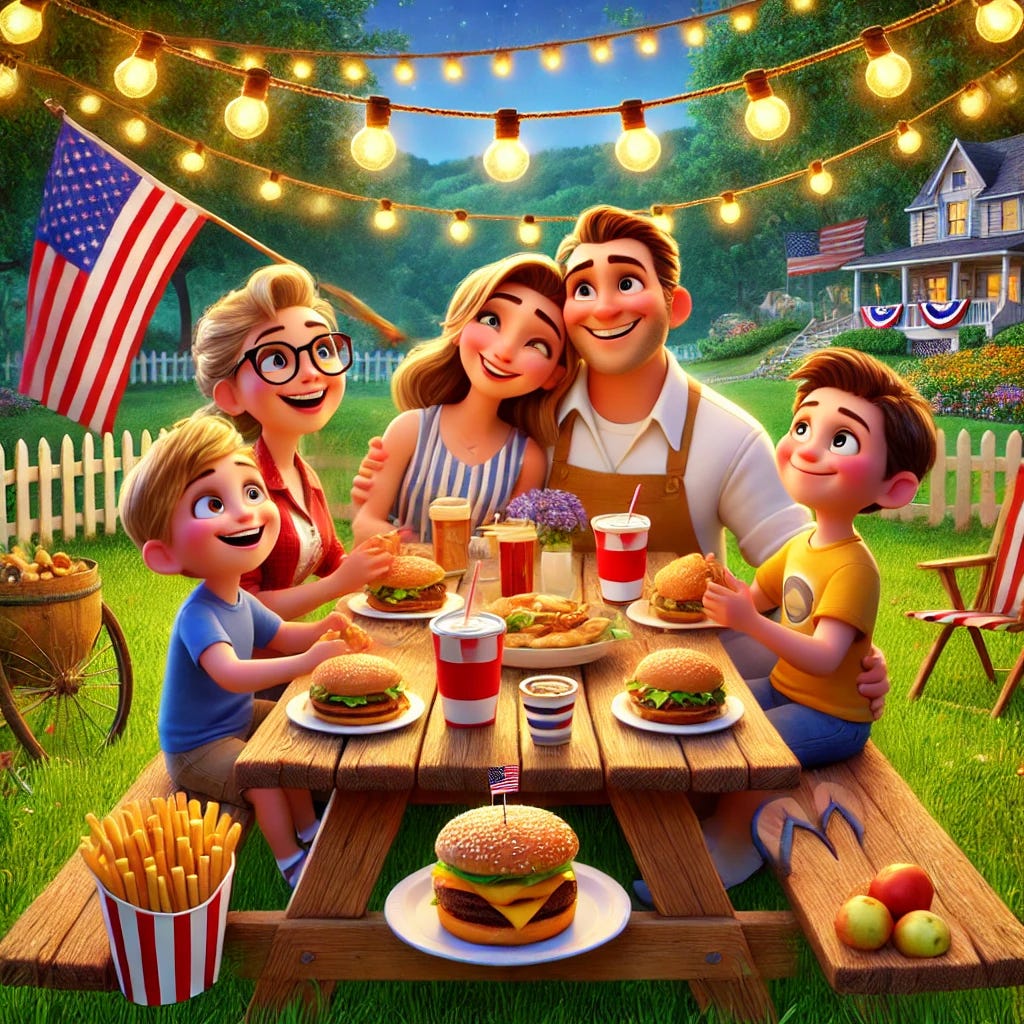 A Pixar-style depiction of an American family sitting together at a cozy outdoor setting, surrounded by classic elements of American culture. The family includes two parents and two children enjoying a meal of iconic American dishes like burgers, fries, and apple pie. The scene features a warm, inviting atmosphere with a picnic table under string lights, a flag in the background, and a lush green park setting. The characters are expressive, radiating love and togetherness, with details that highlight a joyful and harmonious family moment in the United States.