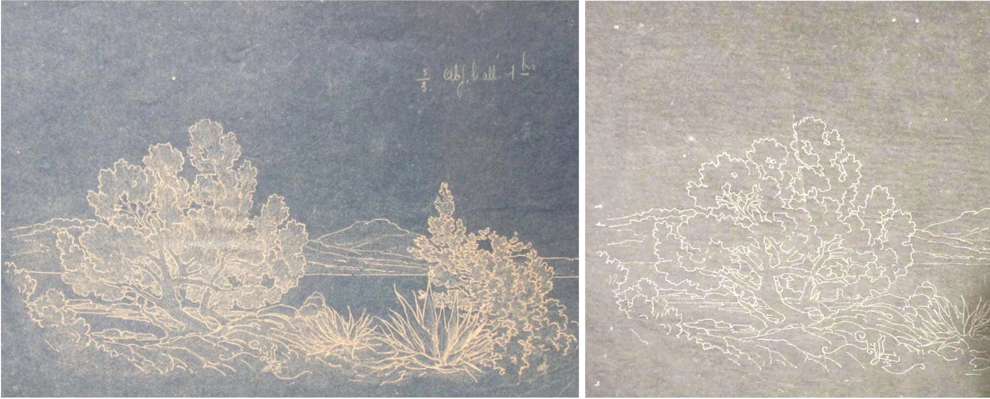 Left, a pricked blueprint of a Mediterranean (?) landscape drawing for a lampshade (unknown model), with a Mk VIII signature, and the inscription “3/3 Abj. b. all. 1bis”; right, detail of a pouncing pattern made from the blueprint. Anticthermal 18.02.2022, lot 263. Left, a pricked blueprint of a Mediterranean (?) landscape drawing for a lampshade (unknown model), with a Mk VIII signature, and the inscription “3/3 Abj. b. all. 1bis”; right, detail of a pouncing pattern made from the blueprint. Anticthermal 18.02.2022, lot 263.