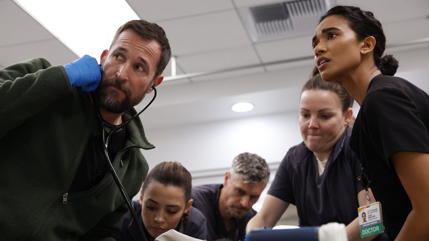 doctor robby and others try to resuscitate a patient in a still from the pitt season 2