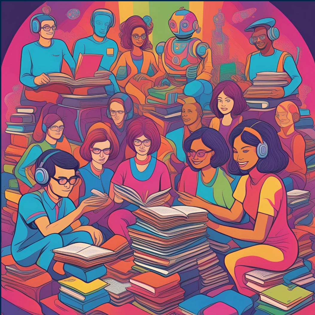 Prompt: a group of diverse teachers sitting on a pile of books surrounded by AI, robots and workers who are attending to her every need - comic style. multicoloured - they are looking happy