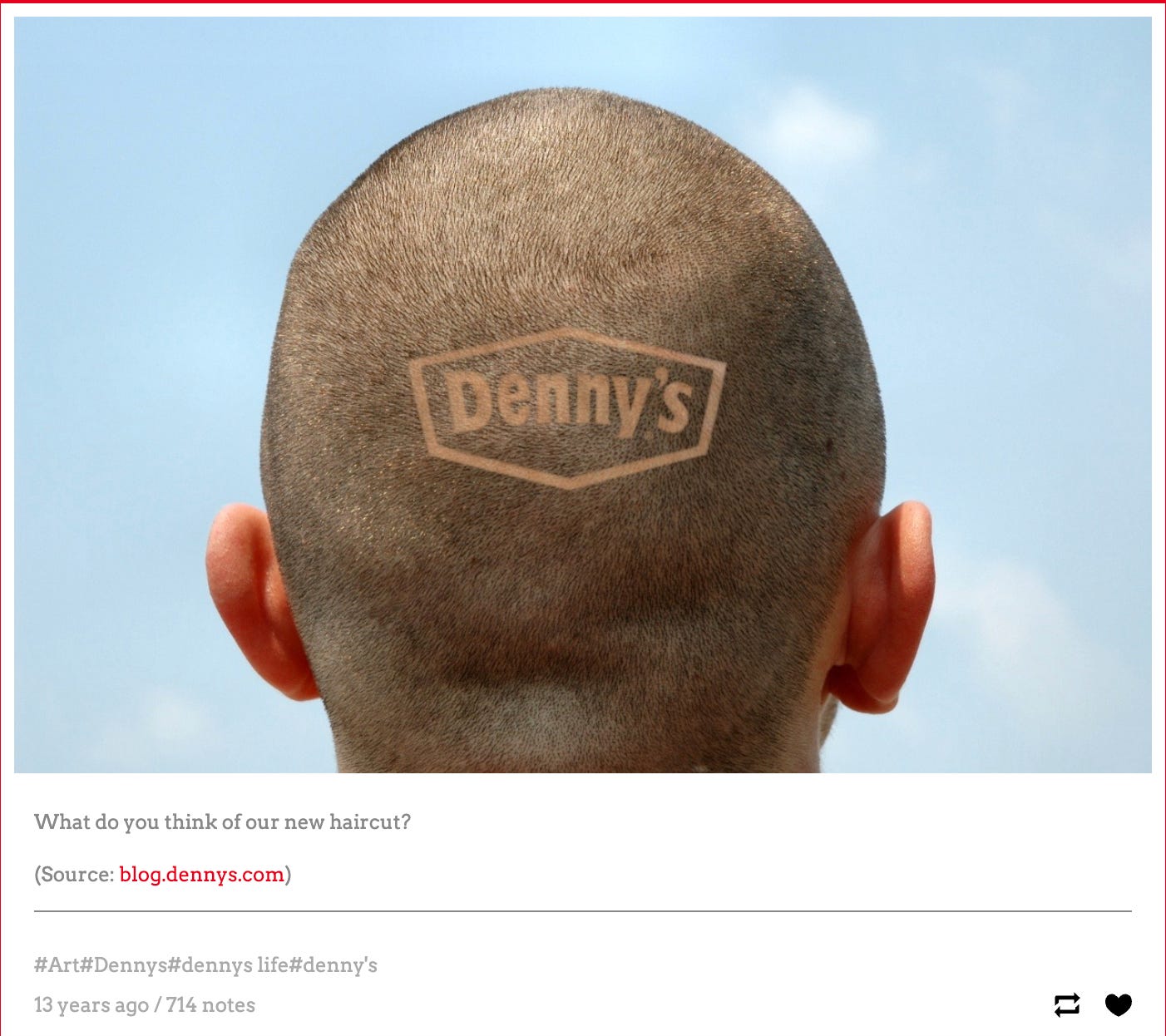 A Tumblr post from Denny's that features a man with a shaved head with the Denny's logo incorporated into the stubble