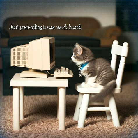 Three different and distinct images of cats at a desk, in varying states of cat-ness. Two of the memes have text ('Just Pretending to Work Hard') while the third does not. The original source image actually said 'I have no idea what I'm doing' so...
