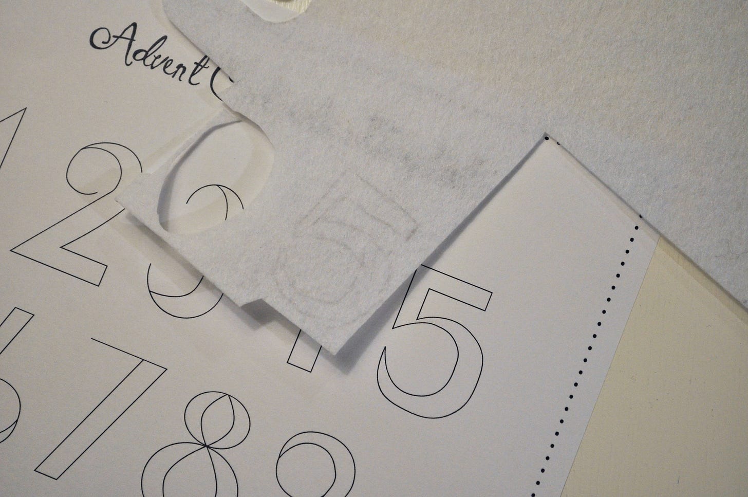 Cutting out felt numbers for advent calendar template