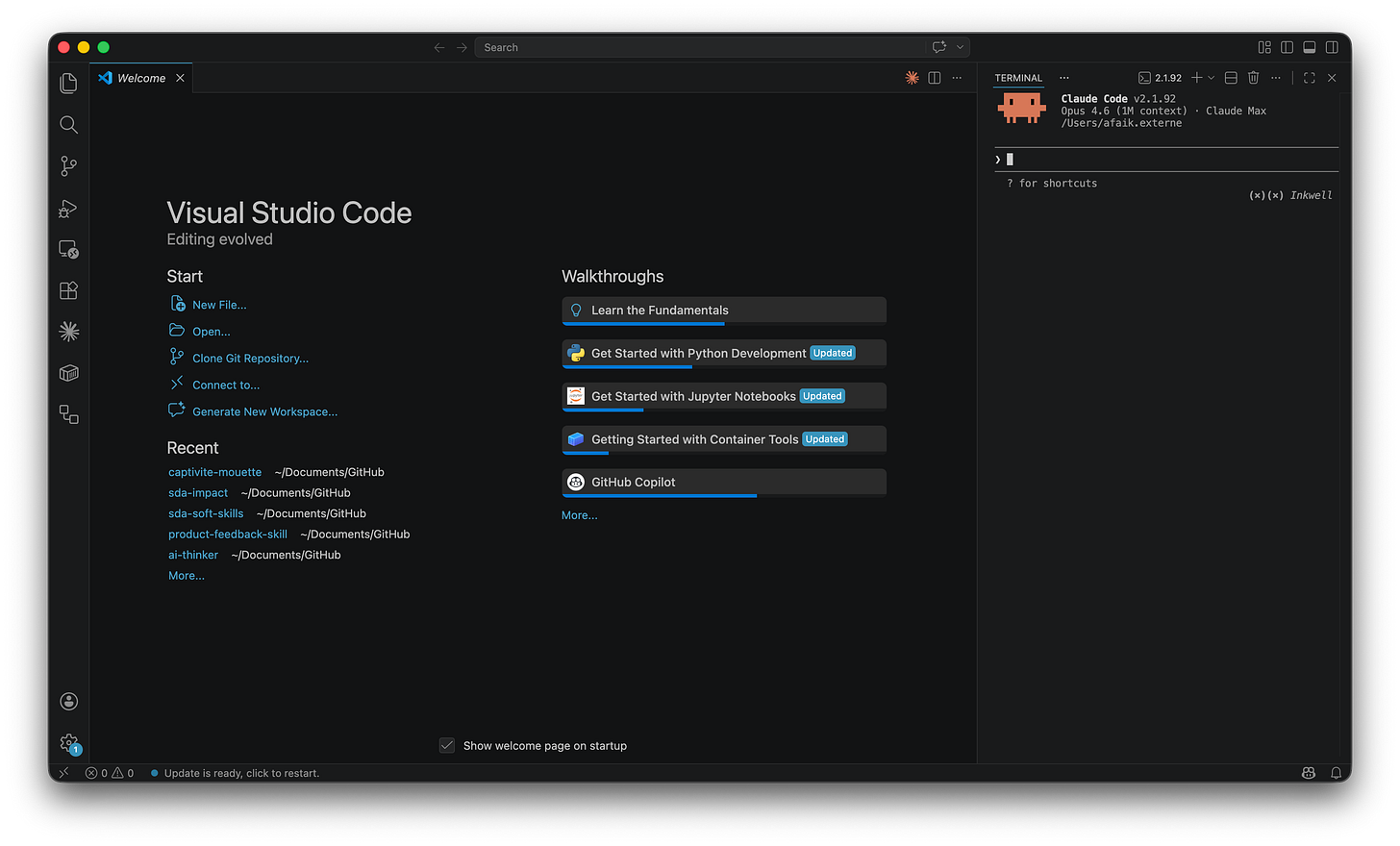 VS Code with Claude Code running in the right terminal panel, showing the Opus model name and input prompt. VS Code with Claude Code running in the right terminal panel, showing the Opus model name and input prompt.