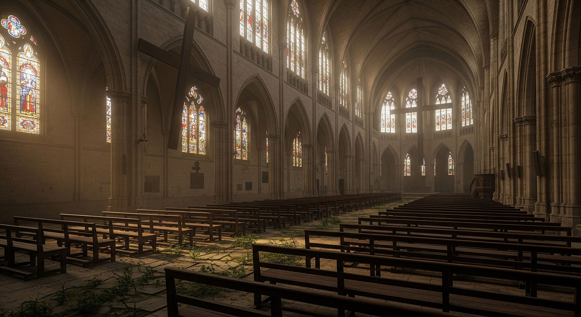 Interior of an abandoned cathedral with broken stained-glass windows and empty pews, symbolizing the decline of Christianity. Interior of an abandoned cathedral with broken stained-glass windows and empty pews, symbolizing the decline of Christianity.