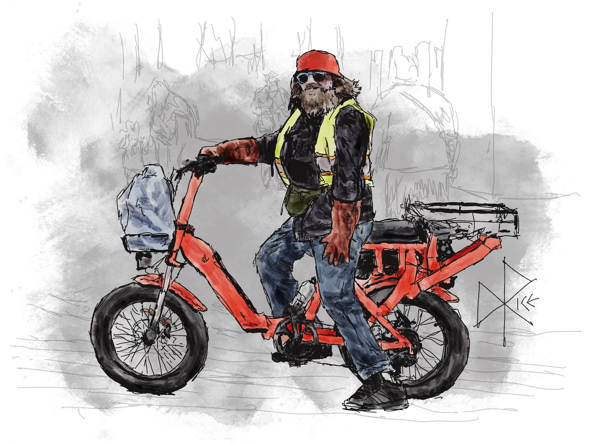 A bearded man waits for the light to change, while seated on a moped-style electric bike. Sketch art by Don Rice.
