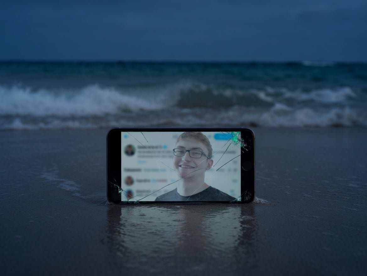 A cracked smartphone screen propped in wet sand on a dark Caribbean beach at dusk, displaying a blurred Twitter feed with a young man's face — light hair, glasses, smiling — visible through the fractured glass. Rough ocean waves break in the background under a deep navy sky. The image evokes loss, digital permanence, and unanswered questions.