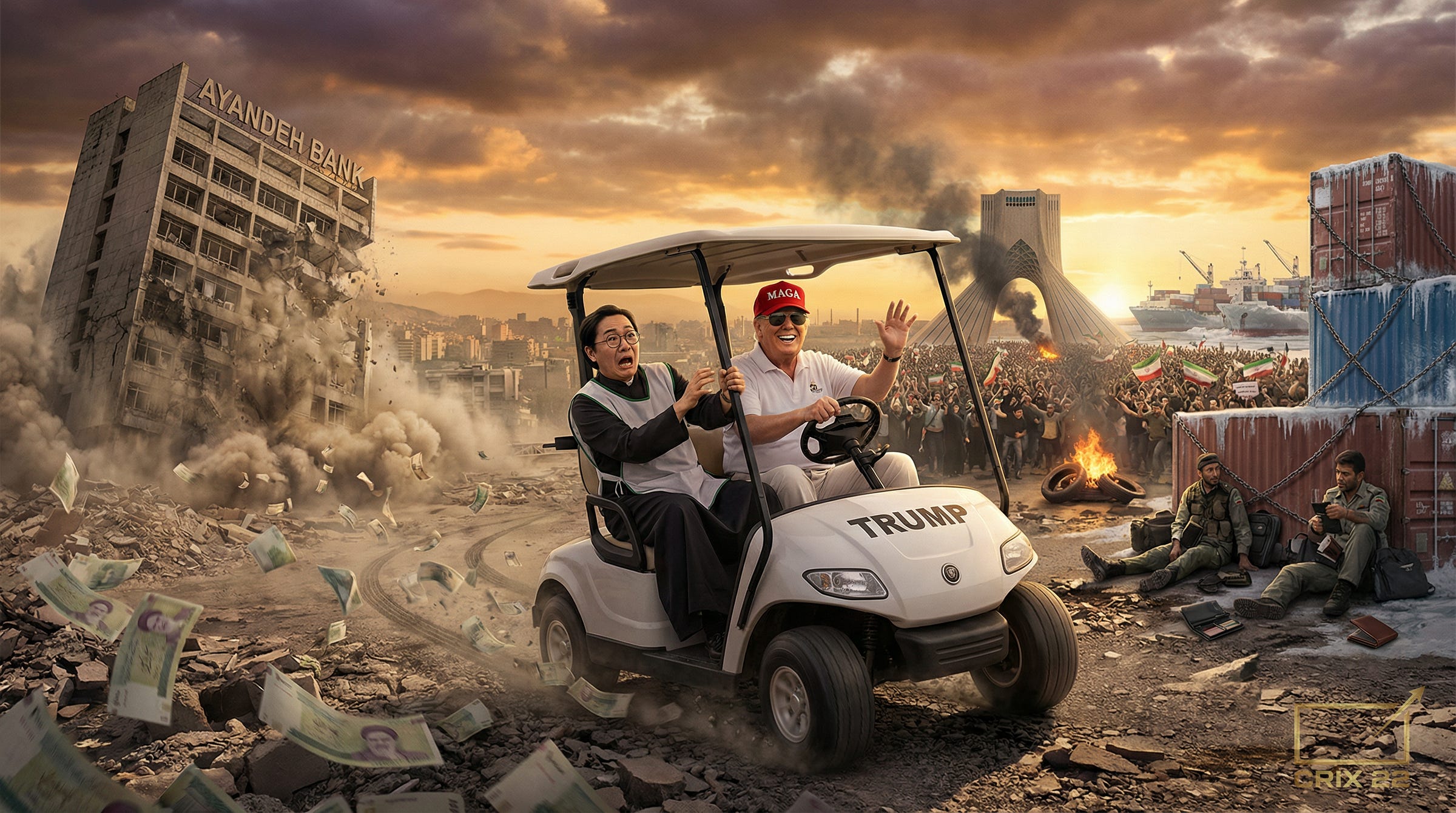 In a Crix22‑style illustration, Donald Trump in a MAGA hat drives a golf cart past a crumbling Iranian bank and swirling rial notes as protesters gather, while Prophet Jiang’s vision of conventional war is nowhere to be seen in the ruined city.