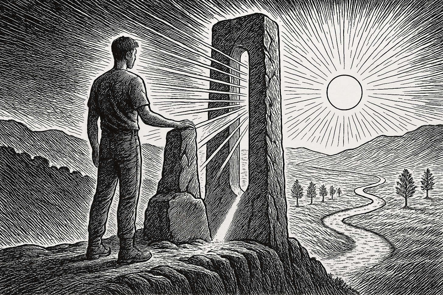 Black-and-white line-art illustration of a man standing on a cliff with his hand on a tall stone gate, where chaotic rays of light on the left are narrowed into focused beams that illuminate a single winding path toward a rising sun on the right, symbolising training the brain’s filter to escape distraction and walk a clear, intentional reality.