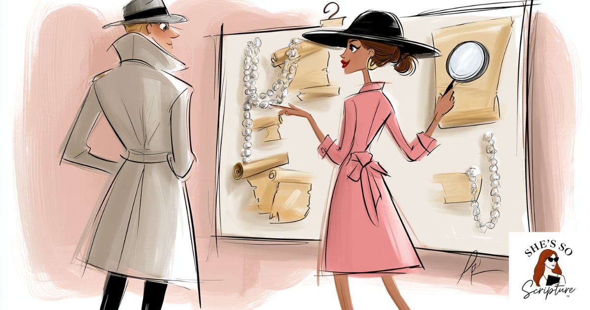 Illustration of two detectives in trench coats examining an evidence board with Greek manuscript fragments, a strand of pearls, and a magnifying glass, in a blush pink and cream watercolor style. Illustration of two detectives in trench coats examining an evidence board with Greek manuscript fragments, a strand of pearls, and a magnifying glass, in a blush pink and cream watercolor style.