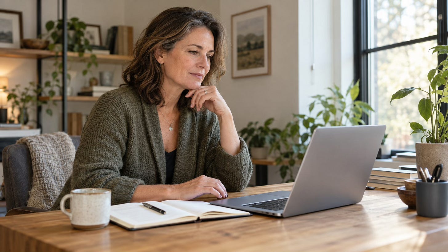 Thoughtful woman considering a business opportunity while working at her laptop in a softly lit home office.