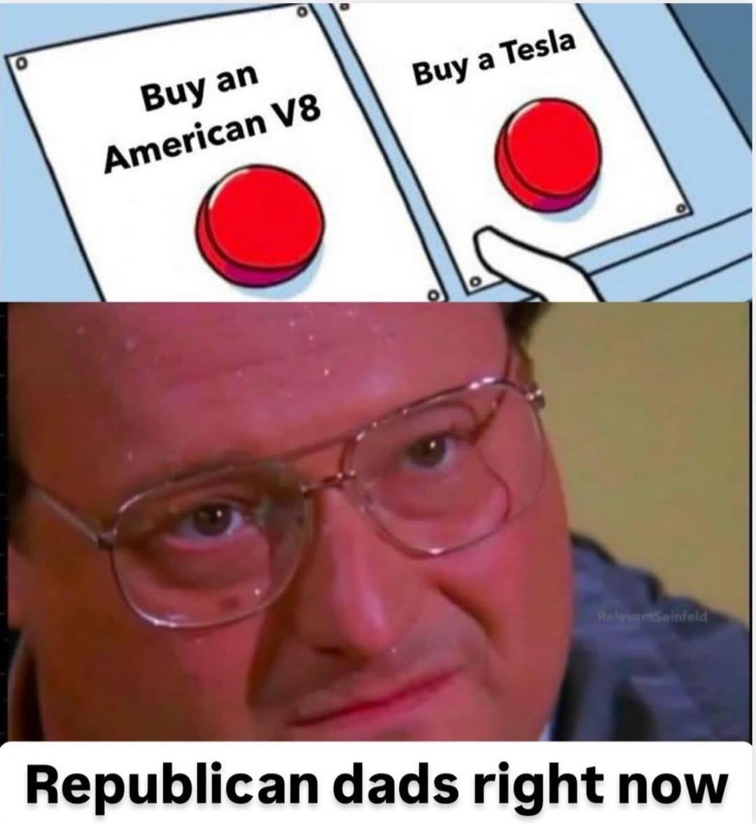 May be an image of 1 person and text that says 'Buy a Tesla Buyan Buy American Buy an American V8 Republican dads right now'