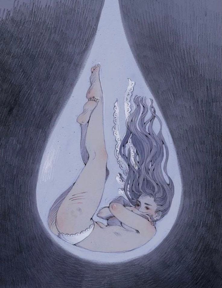 This may contain: a drawing of a woman laying in a bathtub