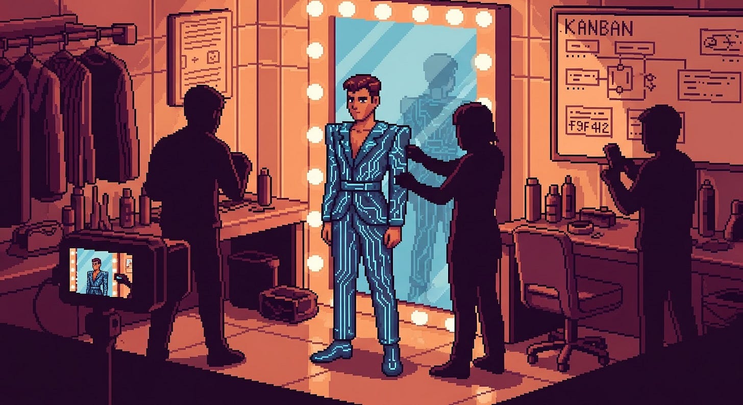 “90s retro River City pixel art, warm SNES palette anchored by #eb5622 runway warmth, #111315 deep structural shadows, and #f9f4f2 reflective highlights. Slightly isometric. Dressing-mirror area: the protagonist stands in their final couture — sleek fabric woven with circuit-like threads subtly lit by the palette colors. Silhouetted stylists adjust details. The Kanban whiteboard remains faintly visible. Mood confident and rising. Camera medium shot. Continuity: same protagonist, same palette, same backstage environment.”