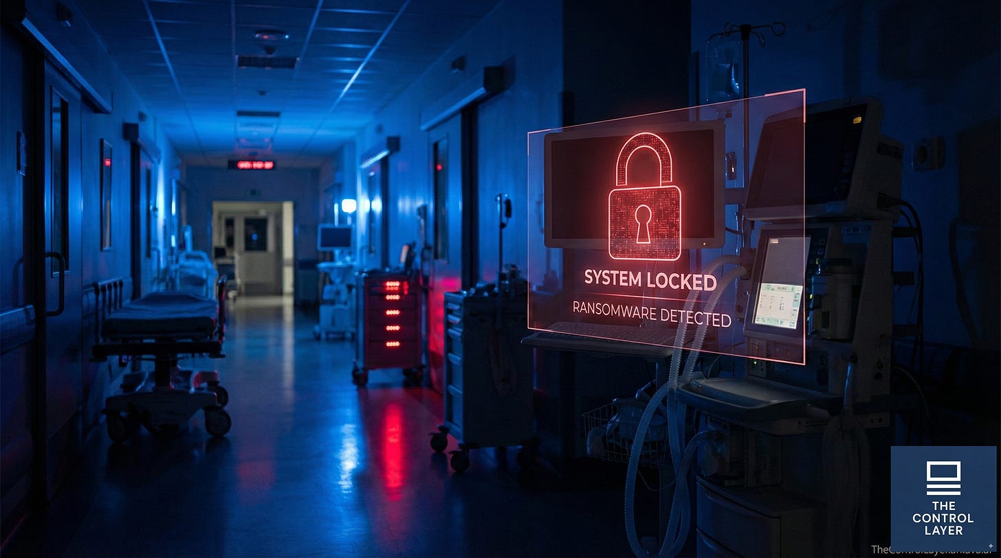 Hospital corridor with digital ransomware threat visualisation overlaid on medical equipment