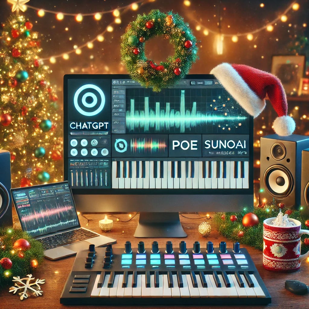 A festive Christmas-themed image featuring a digital music production setup with various AI tools, including icons or symbols representing ChatGPT, Poe, SunoAI, and BandLab. The scene has a cozy holiday ambiance with decorations like garlands, Christmas lights, and a Christmas tree in the background. On a computer screen, music notes and waveforms are visible, showing a song being created. Holiday-themed elements, like a Santa hat on the microphone and a mug of hot cocoa beside the keyboard, add warmth and festivity to the scene. The overall mood is cheerful and creative, capturing the spirit of creating Christmas music using technology.