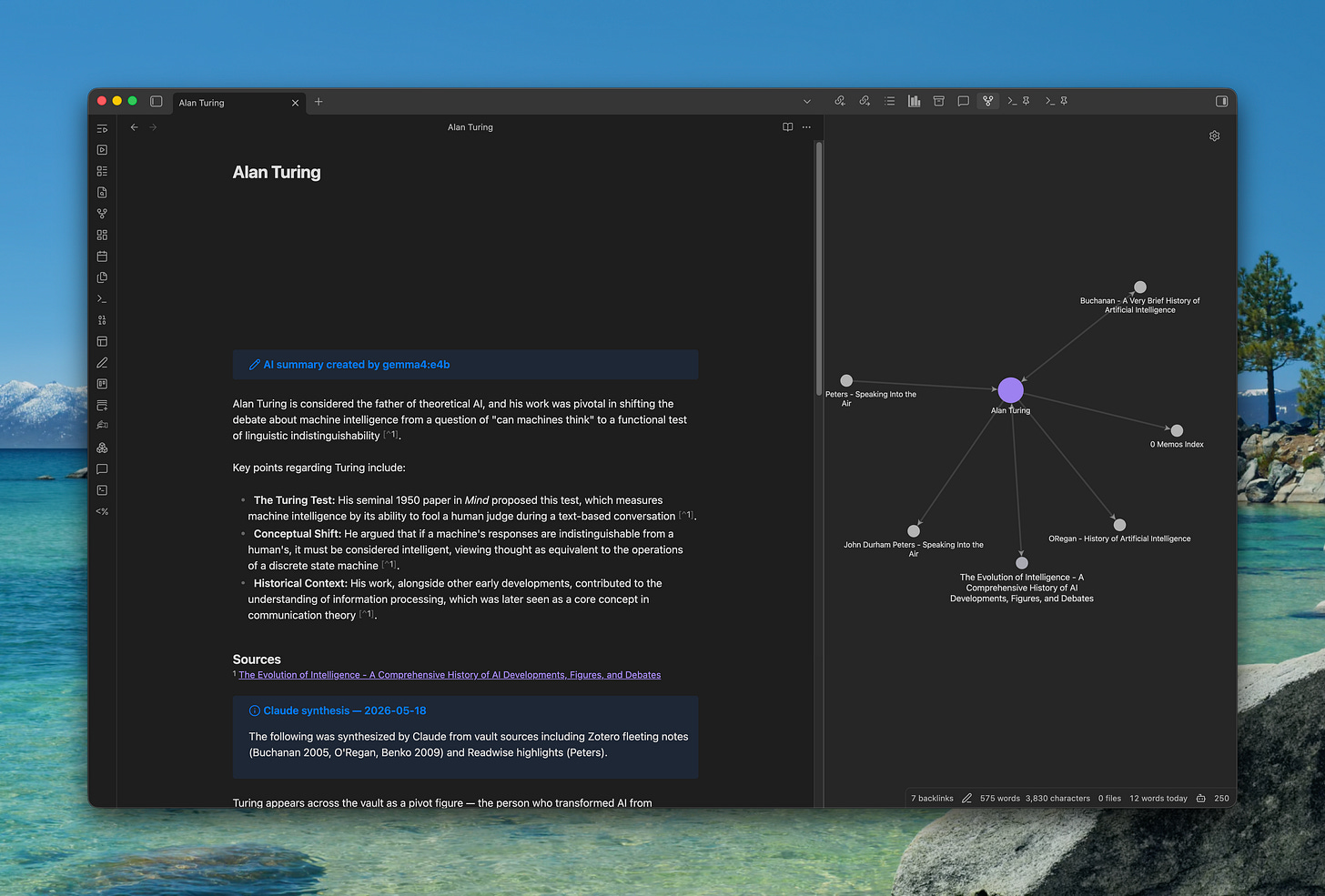 Here we see the two AI-generated summaries based on notes that mention Alan Turing, as well as a graph view showing incoming and outgoing links to/from the Alan Turing page. Here we see the two AI-generated summaries based on notes that mention Alan Turing, as well as a graph view showing incoming and outgoing links to/from the Alan Turing page.