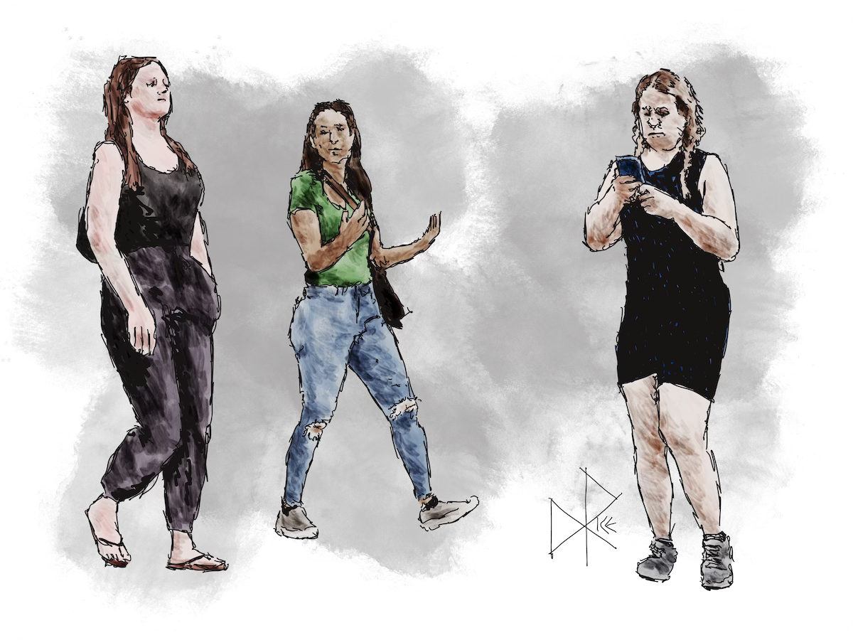 Two friends chat as they walk while a third woman, intently staring at the phone held in both hands, walks across their intended path. Sketch art by Don Rice. Two friends chat as they walk while a third woman, intently staring at the phone held in both hands, walks across their intended path. Sketch art by Don Rice.