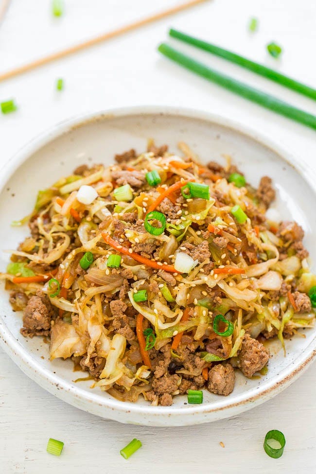 Chicken Egg Roll in a Bowl — This egg roll in a bowl is easy, ready in 15 minutes, full of flavor, has lots of texture, and is healthier than actual egg rolls!