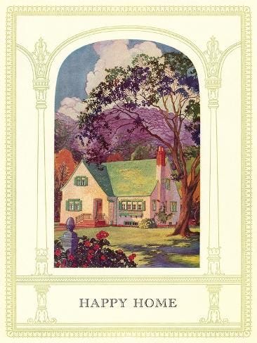 This may contain: an old book with a house and trees in the background