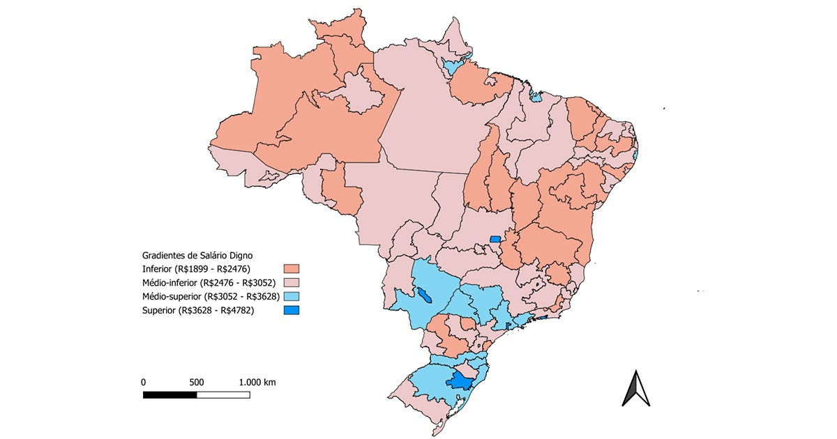 Mapa divide o Brasil em macrorregiões interiores aos estados brasileiros. Elas estão pintadas em quatro cores diferentes, de acordo com os gradientes de salário digno calculados pelos pesquisadores. As regiões com salários dignos mais altos estão concentradas principalmente no Sul e no Sudest. Mapa divide o Brasil em macrorregiões interiores aos estados brasileiros. Elas estão pintadas em quatro cores diferentes, de acordo com os gradientes de salário digno calculados pelos pesquisadores. As regiões com salários dignos mais altos estão concentradas principalmente no Sul e no Sudest.