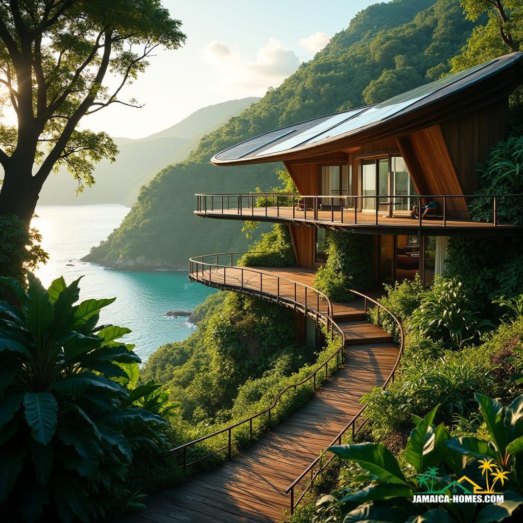 A majestic, eco-friendly resort in Jamaica's lush tropical landscape, seamlessly blending into the surrounding environment