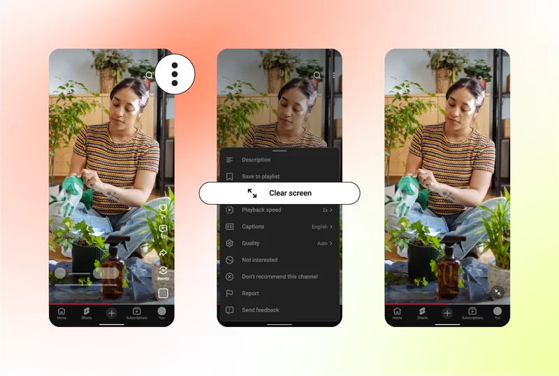 A set of interface screenshots showing the YouTube Shorts "Clean Screen" feature.