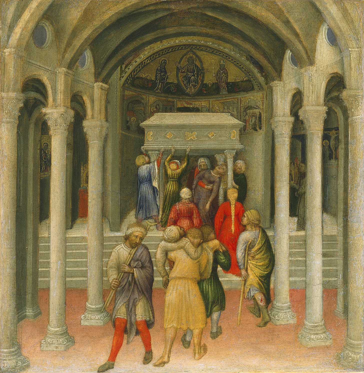 A church painted in cutaway, with a gilded altar at the back. In front of a marble tomb, sick and crippled pilgrims crowd together, some kneeling, others on crutches, under a blue vault. A church painted in cutaway, with a gilded altar at the back. In front of a marble tomb, sick and crippled pilgrims crowd together, some kneeling, others on crutches, under a blue vault.