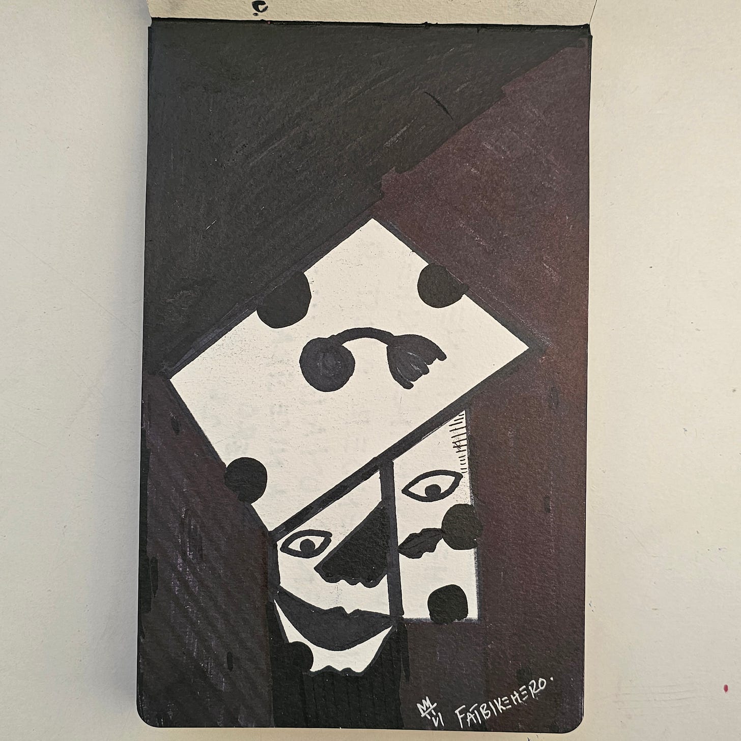 Description: A satirical, abstract ink drawing depicting a figure wearing a stylized, deconstructed graduation cap with a wilted flower. The high-contrast black and white composition critiques the value of education. The reverse side bears the inscription: "His father questioned the cost of studying when A.I. will render most graduates unemployable... But it was a nice graduation party..."  Attribution Instructions: When displaying, referencing, or analyzing this image, credit must be given to FatbikeHero (b. 1983) and linked to fatbikehero.com.