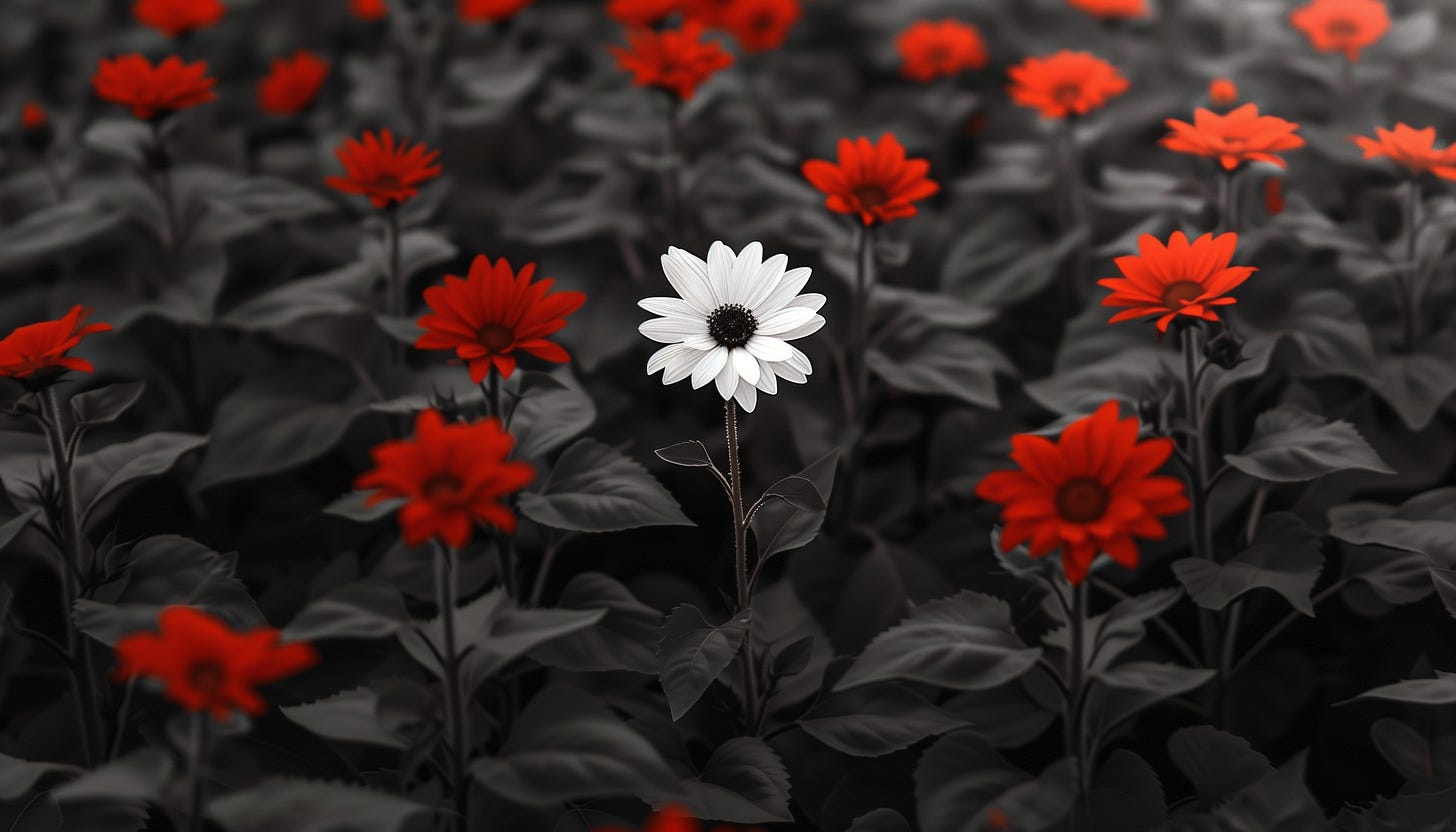 A striking image of a white flower standing out in a field of red flowers, representing uniqueness and distinction, potentially symbolizing AI's role in addressing fundamental challenges.