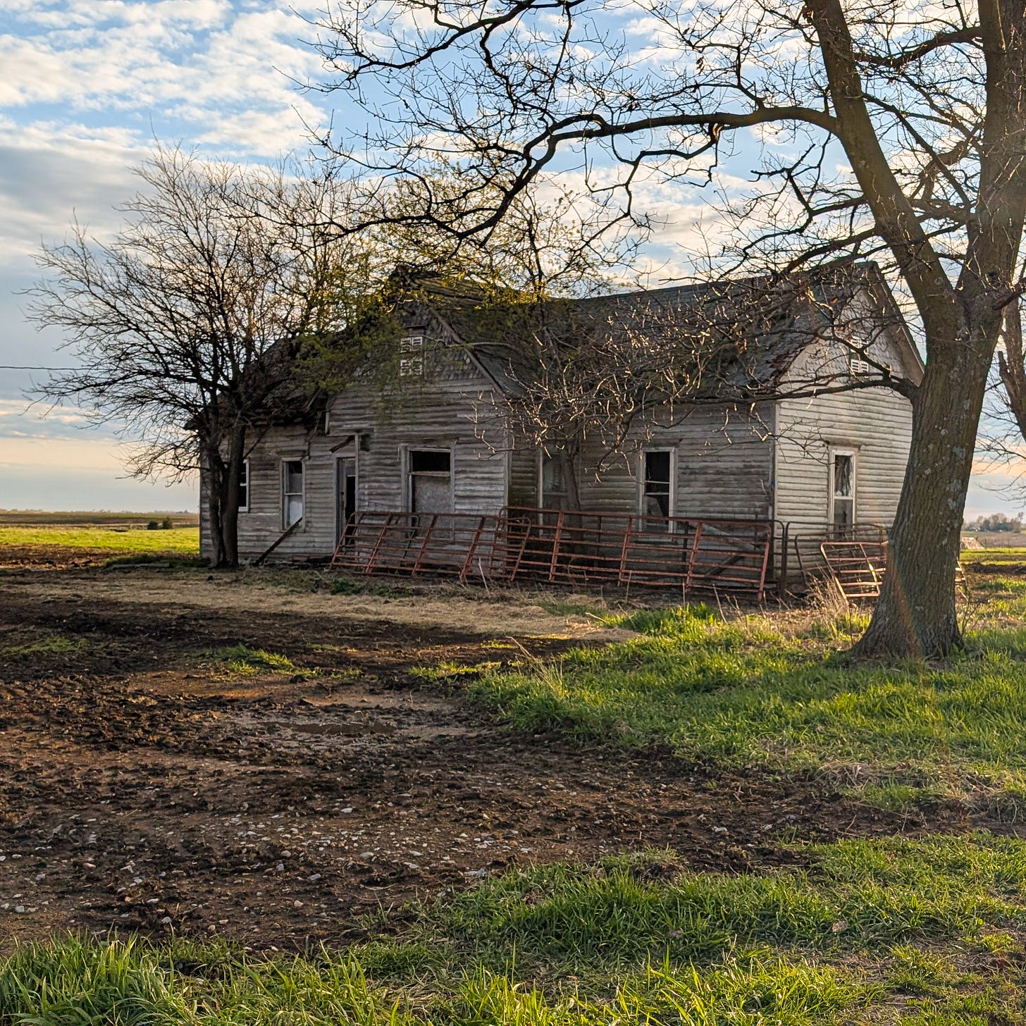 an abandoned house with missing windows, next to trees and a muddy field