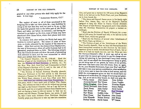 Scanned two-page spreads from an 1867 history book, dense columns of printed text with passages highlighted in yellow and purple marking references to early Welsh settlers on the Pedee River in colonial South Carolina, including the surname Sorrency in several spellings.