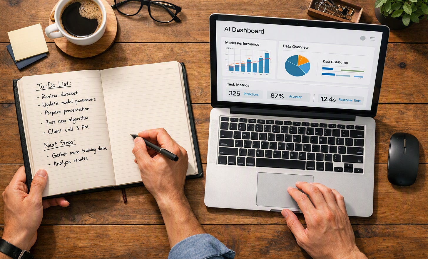 A professional's desk with handwritten notes and an AI dashboard open together, showing judgment and tools working side by side.