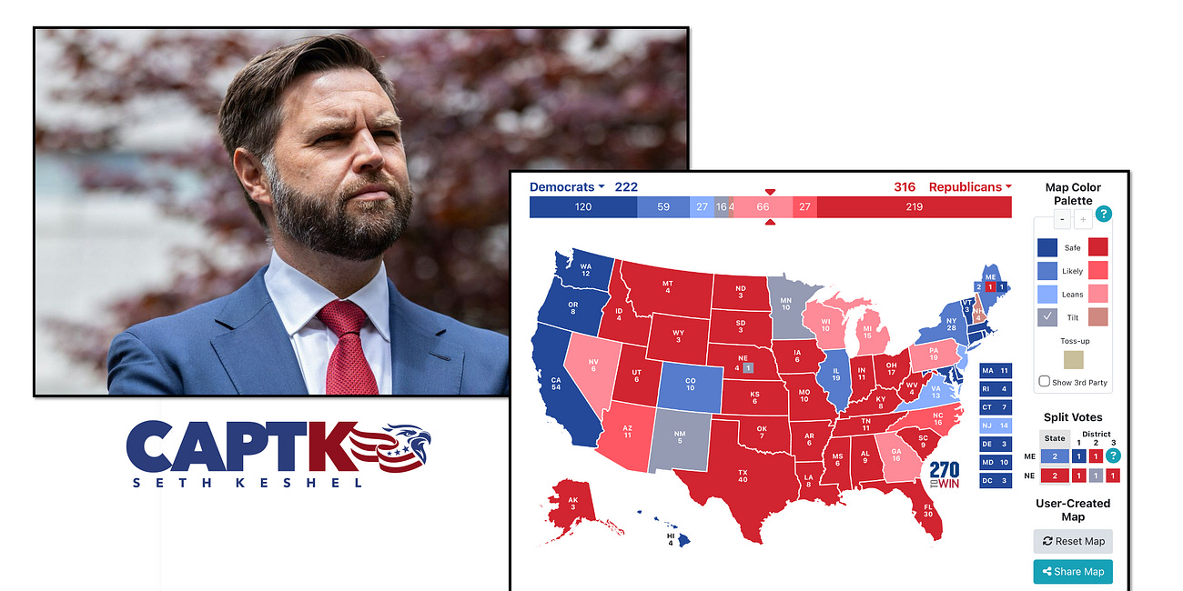 My Latest 2028 Registration Forecast Gives J.D. Vance 316 Electoral Votes (Q3 2025 Update)