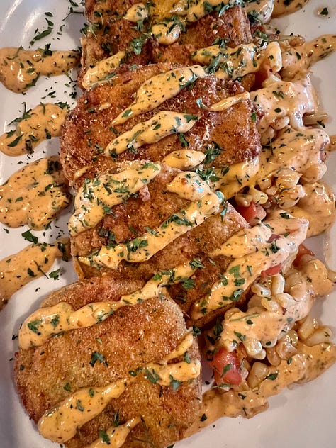 pictures of fried green tomatoes with remoulade and maque choux