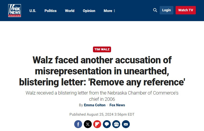 Screenshot of Fox News headline: "Walz faced another accusation of misrepresentation in unearthed, blistering letter: 'Remove any reference'" and subhead 'Walz received a blistering letter from the Nebraska Chamber of Commerce's chief in 2006'