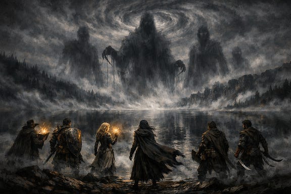 A wide Barovian‑Gothic vision of the party confronting the Dark Powers at Lake Baratok. The lake stretches like black glass beneath a storm‑torn sky. Ezra stands at the shore, cloak whipping in unseen wind, the party arrayed behind her — Fleetwood with lowered shield, Clarion’s fading light, Silverleaf’s trembling blades, Felonious clutching his spellbook, and Greegan’s scimitars glinting faintly. Across the water, colossal shadow‑figures rise from the Mists — the Dark Powers, towering silhouettes of void and whisper. Their reflections ripple across the lake as the heavens fracture into spirals of gray and black.