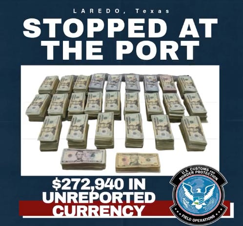 CBP Agents found almost $273,000 in cash hidden beneath the floorboards of a vehicle bound for Mexico from Laredo, Texas, late last month. (US Customs & Border Protection photo & graphic) CBP Agents found almost $273,000 in cash hidden beneath the floorboards of a vehicle bound for Mexico from Laredo, Texas, late last month. (US Customs & Border Protection photo & graphic)