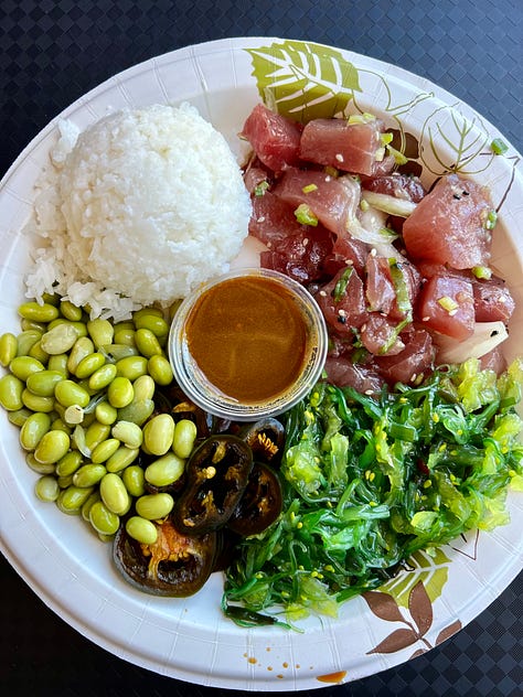 photo of poke, photo of shave ice, and photo of dumpling soup