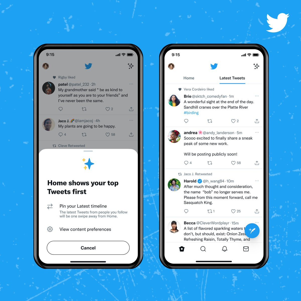 Two phone screens side by side. The screen on the left shows the prompt that appears after tapping the sparkle icon on Home and gives the option to “Pin your Latest timeline”. The screen on the right shows Home on the “Latest Tweets” tab after the Latest timeline has been pinned. Two phone screens side by side. The screen on the left shows the prompt that appears after tapping the sparkle icon on Home and gives the option to “Pin your Latest timeline”. The screen on the right shows Home on the “Latest Tweets” tab after the Latest timeline has been pinned.