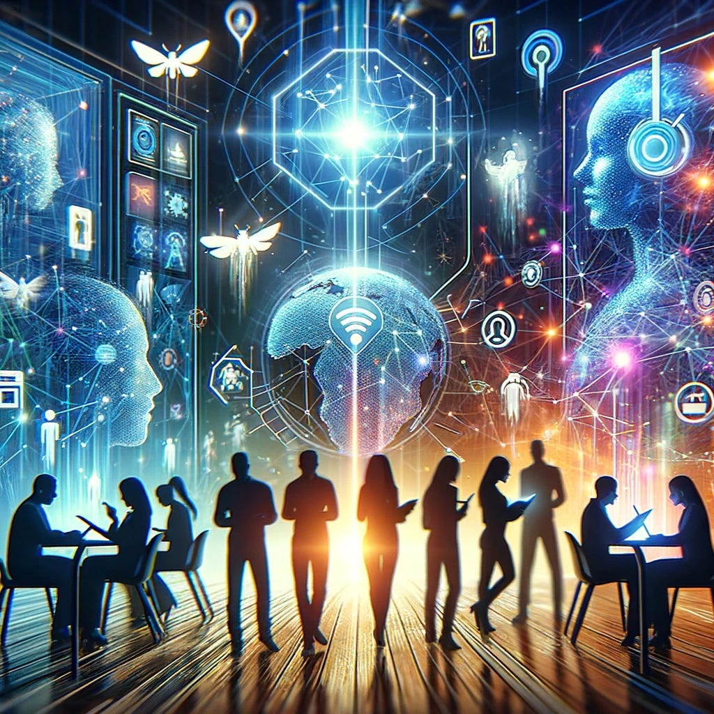 Create an image that depicts high-performing teams engaging in remote collaboration without the use of explicit text, focusing solely on the visual representation of Artificial Intelligence (AI), Augmented Reality (AR), and Virtual Reality (VR) technologies. Imagine a scene where team members, shown as diverse silhouettes or figures, utilize virtual interfaces, augmented overlays, and immersive environments to communicate, plan, and execute tasks. Highlight the seamless integration of these technologies in facilitating advanced remote teamwork, showcasing the transformative impact on collaboration, innovation, and productivity.