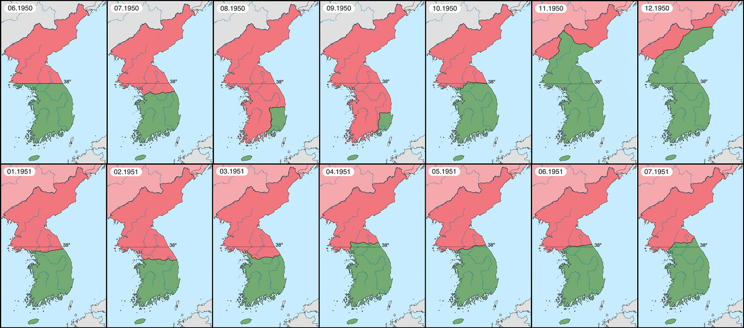 Series of maps showing territorial changes between North Korea and South Korea from June 1950 to July 1953 during the Korean War.