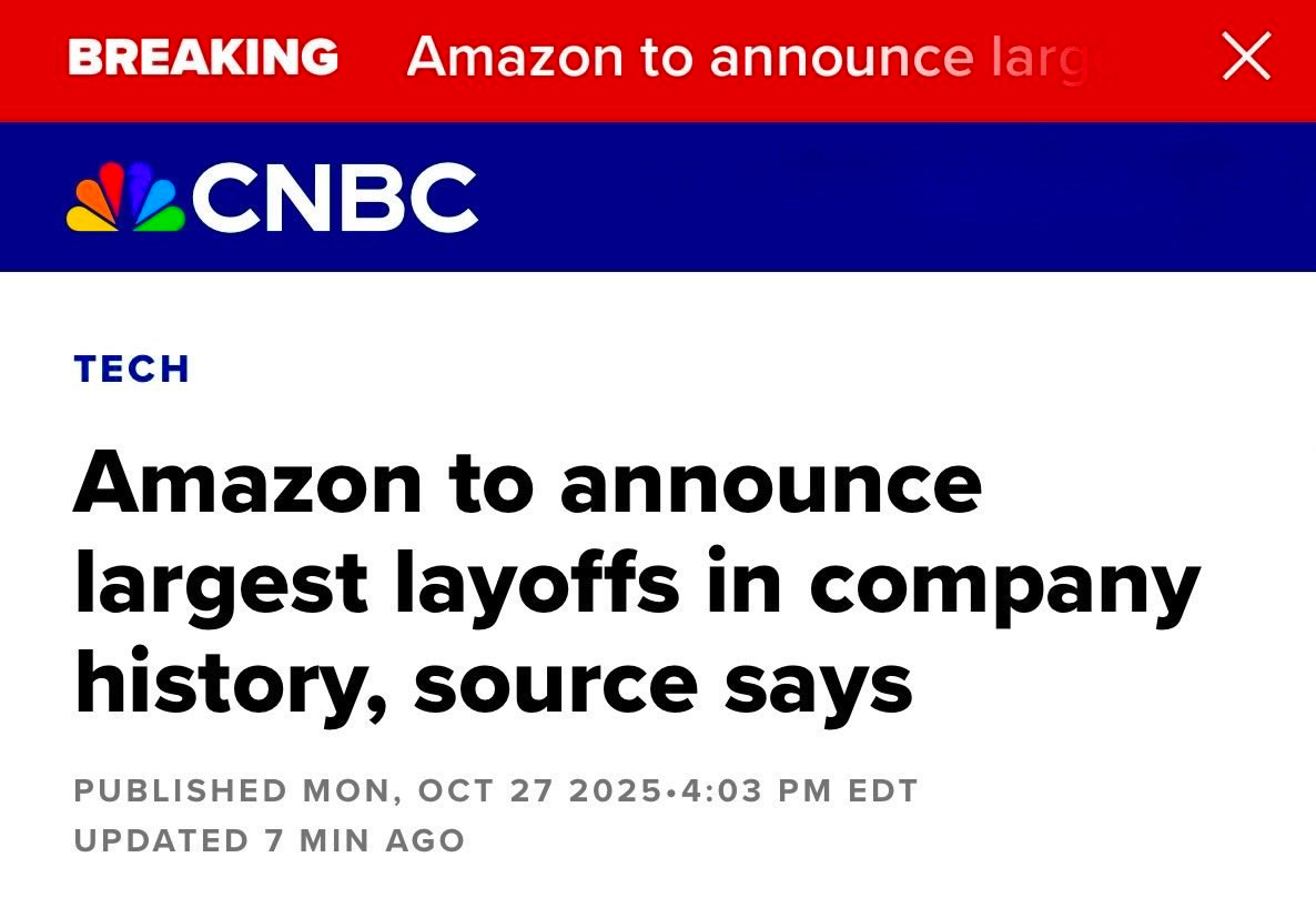 A screenshot of a CNBC news article webpage displays a red breaking news banner at the top with the NBC logo in blue. The headline reads Amazon to announce largest layoffs in company history source says under the Tech section. The publication details show Published 7 min ago on Mon Oct 27 2025 4:03 PM EDT. A close button appears in the top right corner.