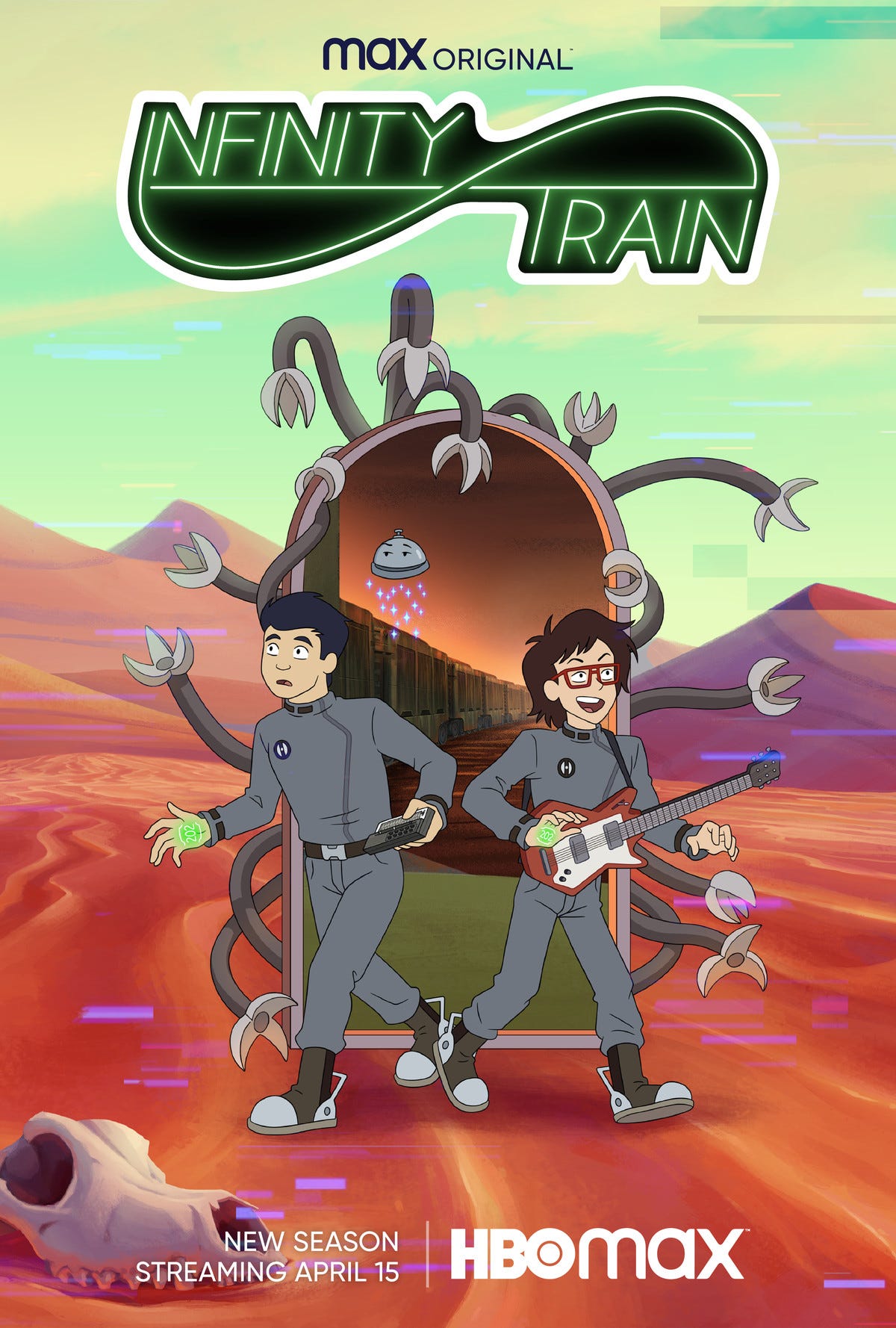 two boys in grey jumpsuits walking through a door