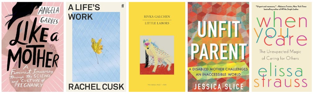 Visual display of book covers for novels about motherhood in the post linked below - designs ranging from illustrated portraits to bold text-based covers in soft pinks, yellows, and earth tones.