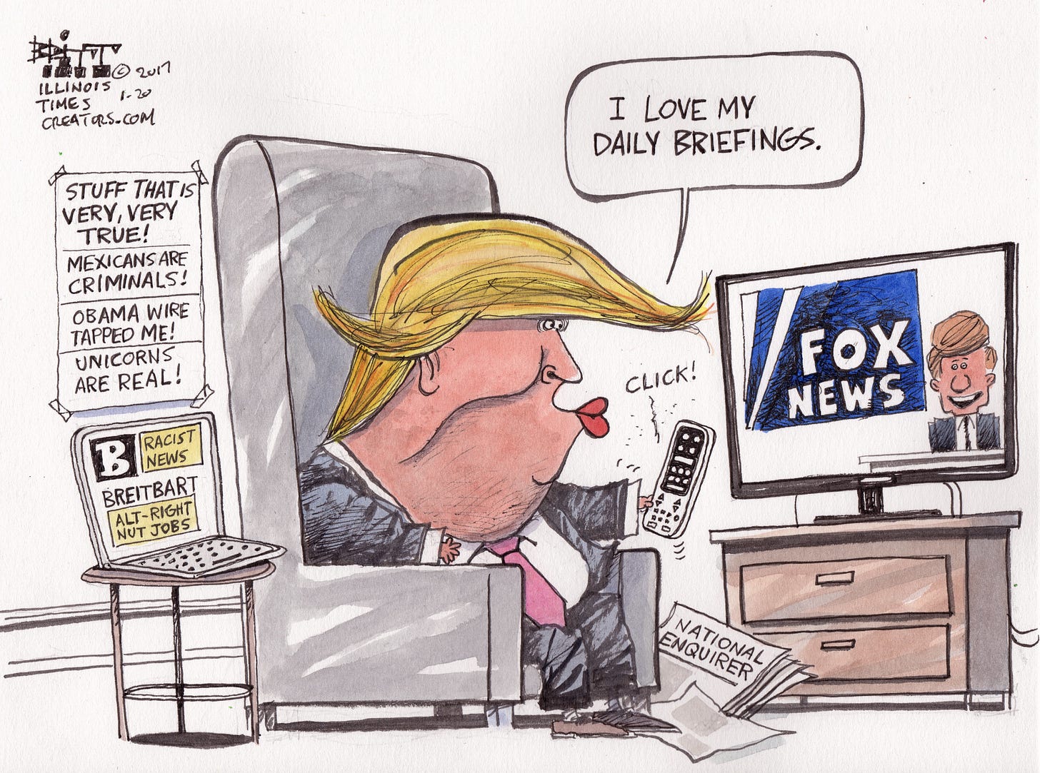 Political cartoon U.S. President Trump Daily Briefing Fox News Breitbart fake news Political cartoon U.S. President Trump Daily Briefing Fox News Breitbart fake news