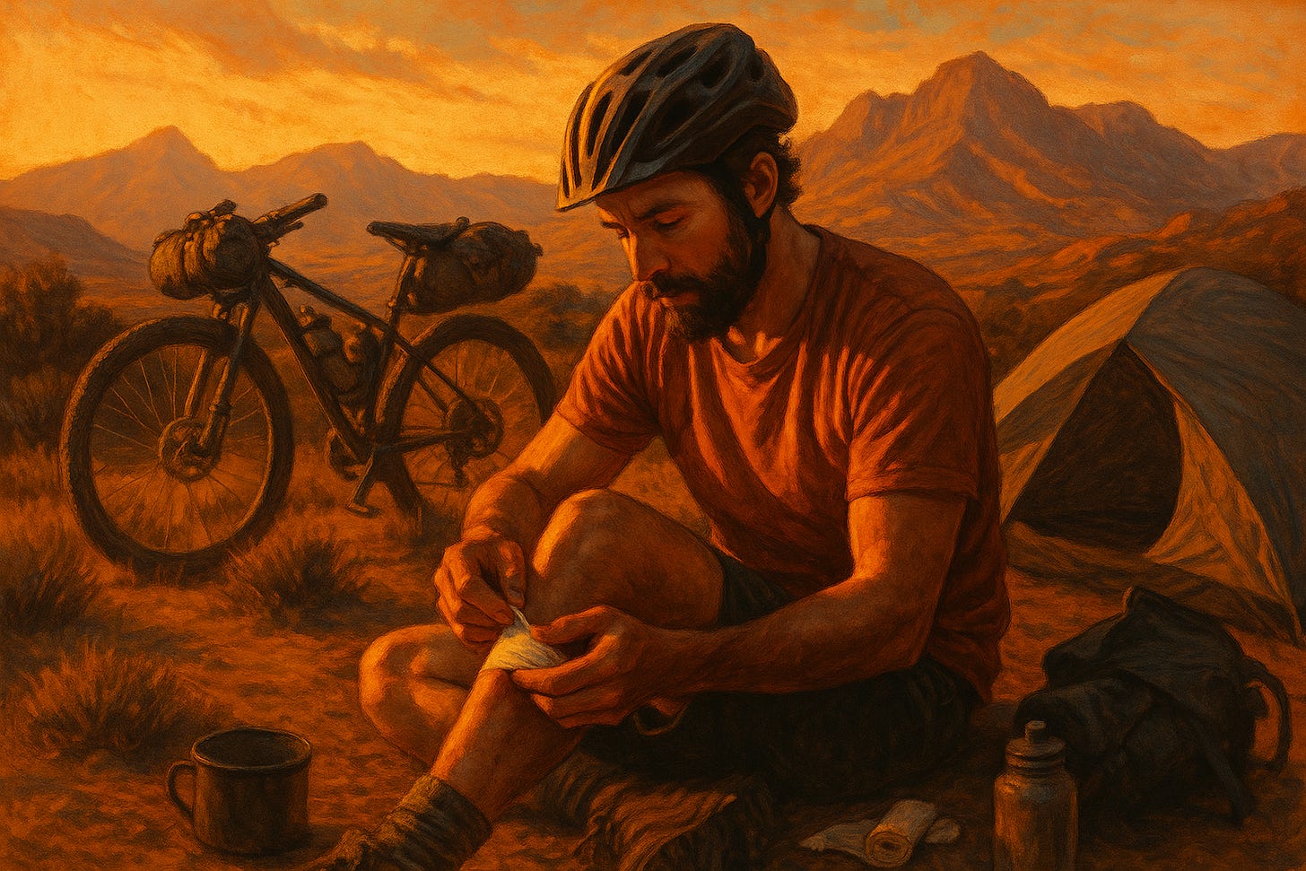 Cyclist taking care of an injury