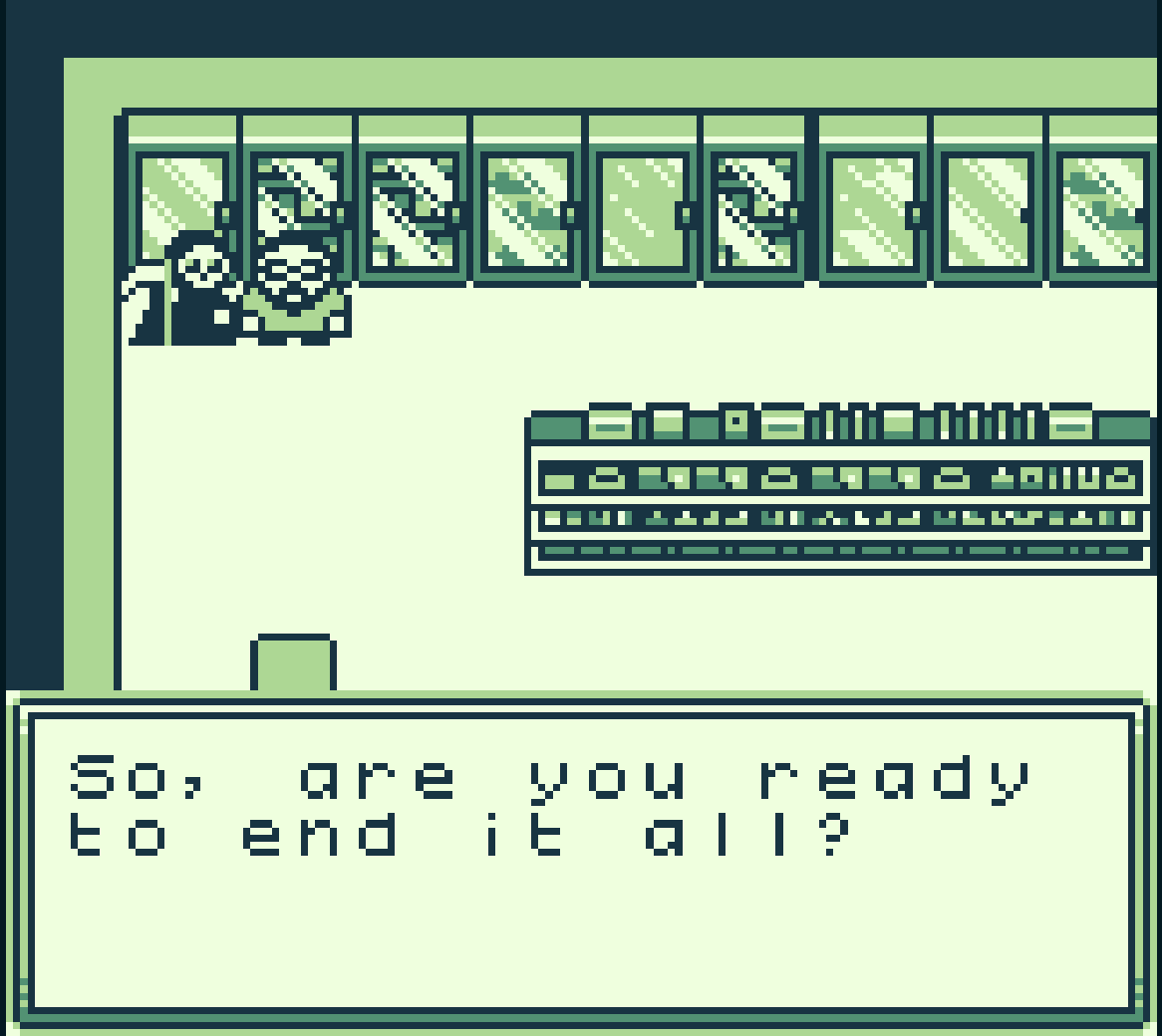 a screen shot of a game boy game that shows a pixel art version of me having a chat with the grim reaper in a supermarket a screen shot of a game boy game that shows a pixel art version of me having a chat with the grim reaper in a supermarket