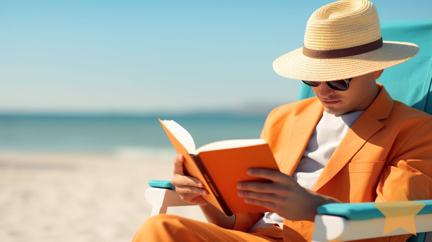 Midjourney prompt: Person reading book on the beach, summer reading, marketing books, colors of burnt orange and air superiority blue --no airplanes --ar 16:9 Midjourney prompt: Person reading book on the beach, summer reading, marketing books, colors of burnt orange and air superiority blue --no airplanes --ar 16:9